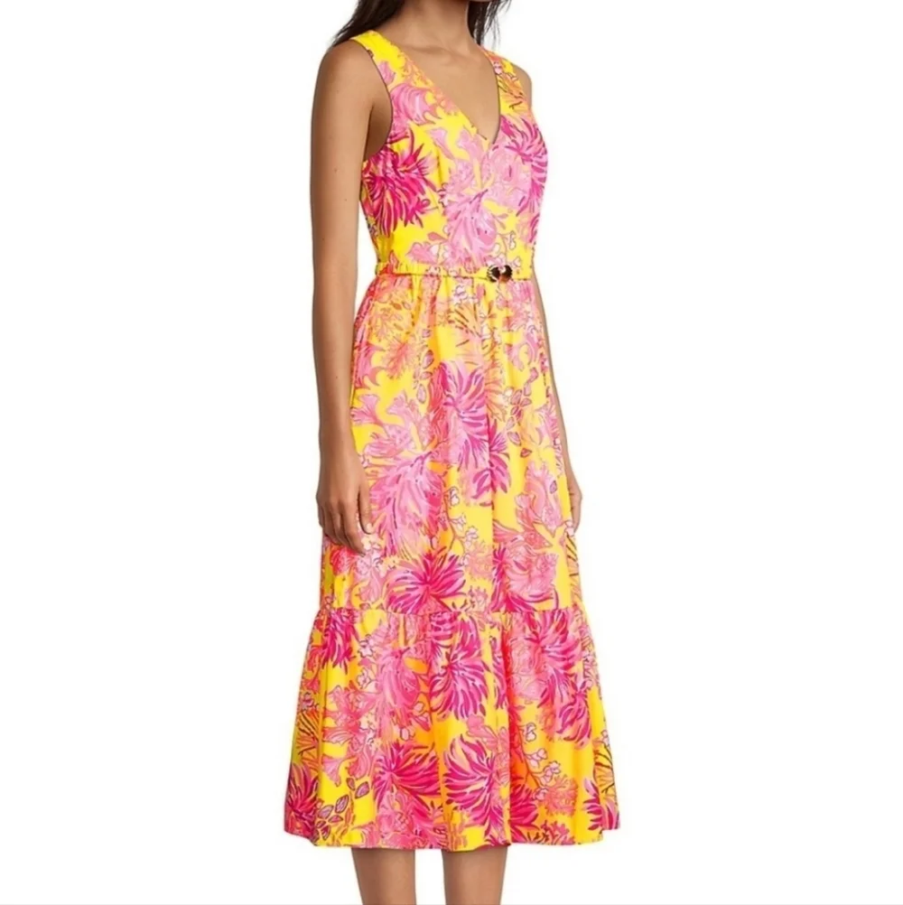 NWT Lilly Pulitzer Bre V Neck Cotton Midi Dress Calla Yellow Floral Coral Size 8 - Picture 3 of 9